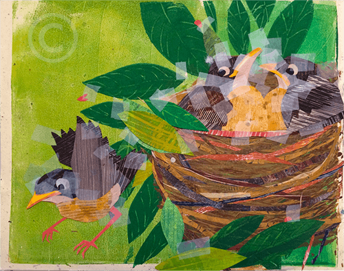 Pieces of paper taped in place for This Is the Nest That Robin Built illustration.